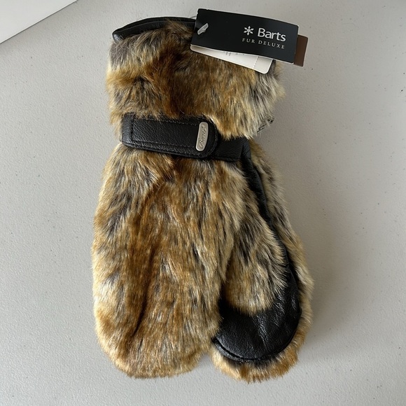 NWT Barts Brown Palm Leather Faux Fur Mittens Fur Paws One Size Unisex - Picture 3 of 16